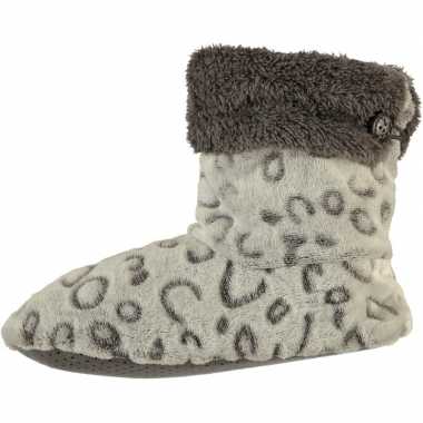 Grijze hoge omslag huissloffen/sloffen panterprint voor dames